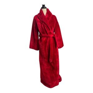 Vintage Luxurious Red Plush Faux Fur Robe Full Length Shawl Collar 1970s Size M